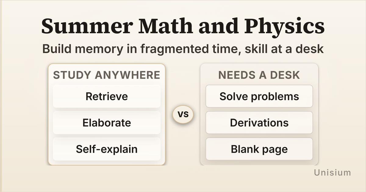 A summer study split: retrieval, elaboration, and self-explanation you can do anywhere on one side; full problem solving at a desk on the other.
