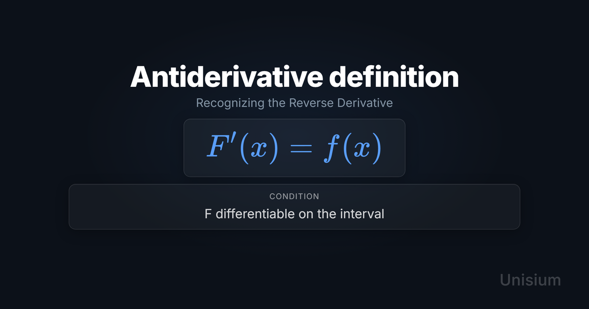Unisium hero image titled Antiderivative definition showing the principle equation and a conditions card.