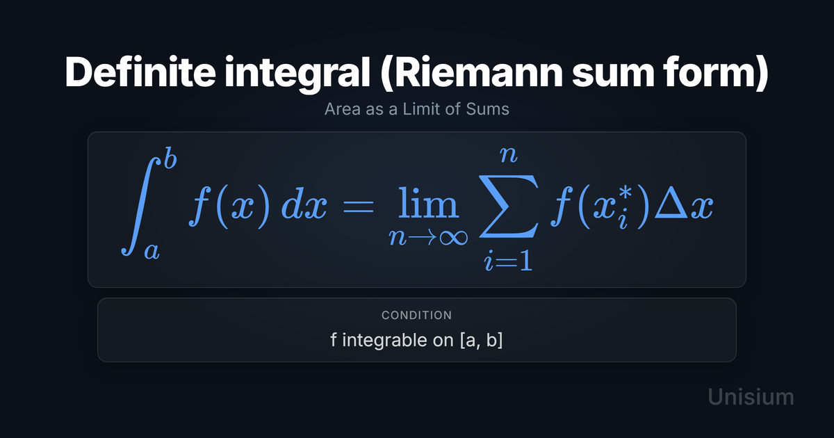 Unisium hero image titled Definite integral (Riemann sum form) showing the principle equation and a conditions card.