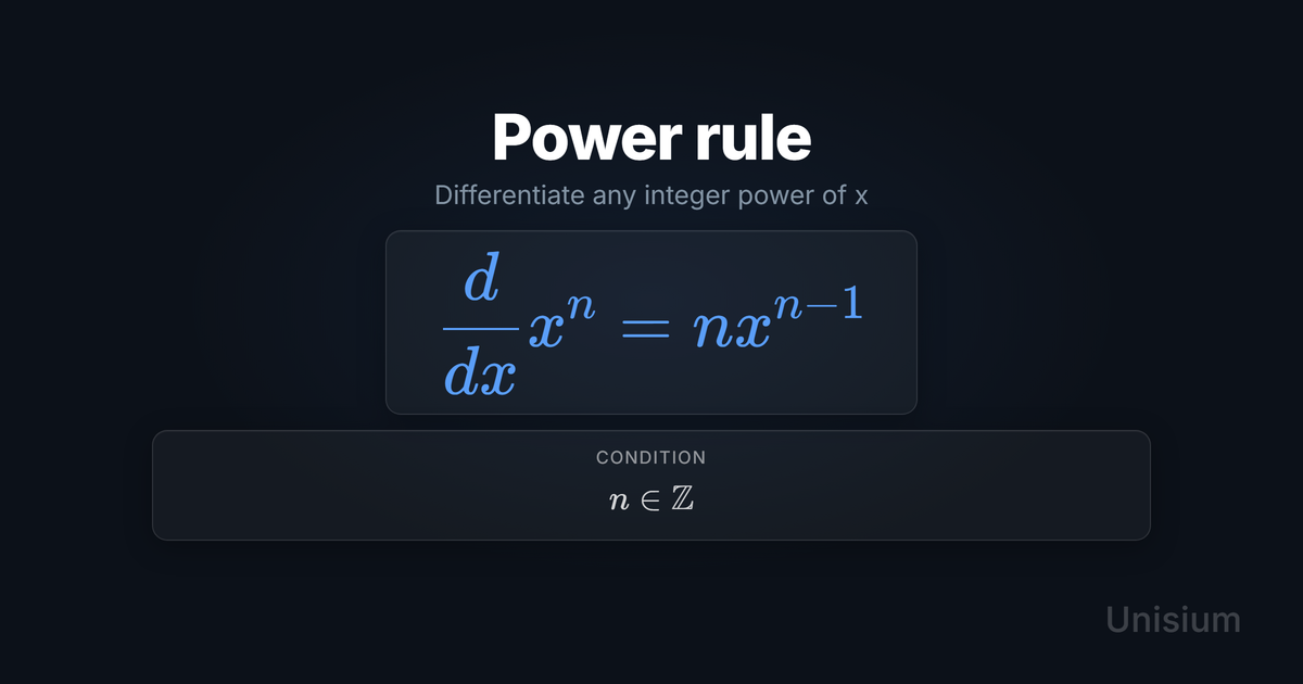 Unisium hero image titled Power rule showing the principle equation and a conditions card.