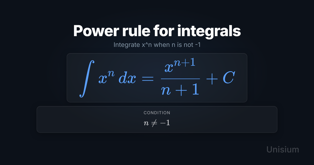Unisium hero image titled Power rule for integrals showing the principle equation and a conditions card.