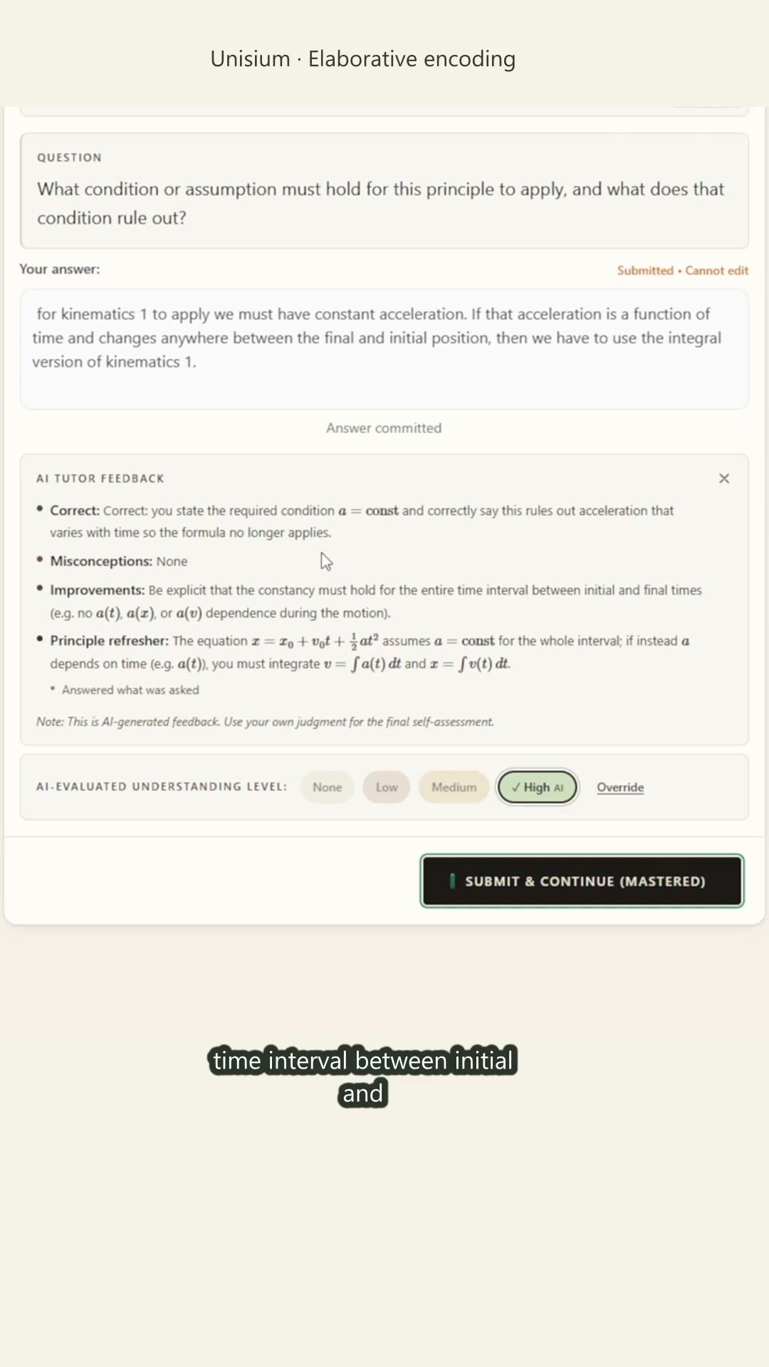 A real Unisium explanation and feedback refine the condition under which a kinematics equation applies.