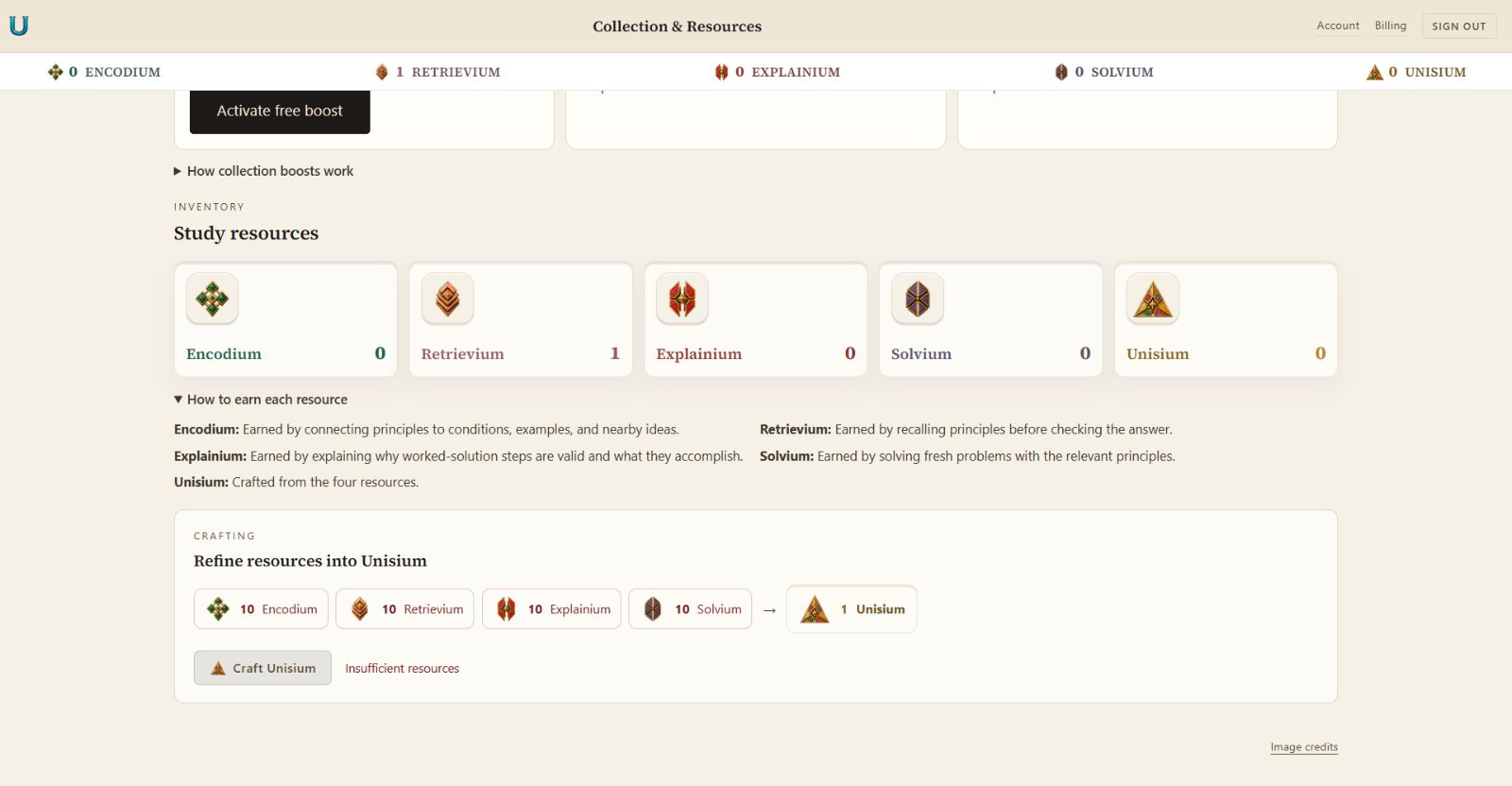 Unisium's resource inventory shows the four study resources and a recipe combining ten of each into one Unisium.